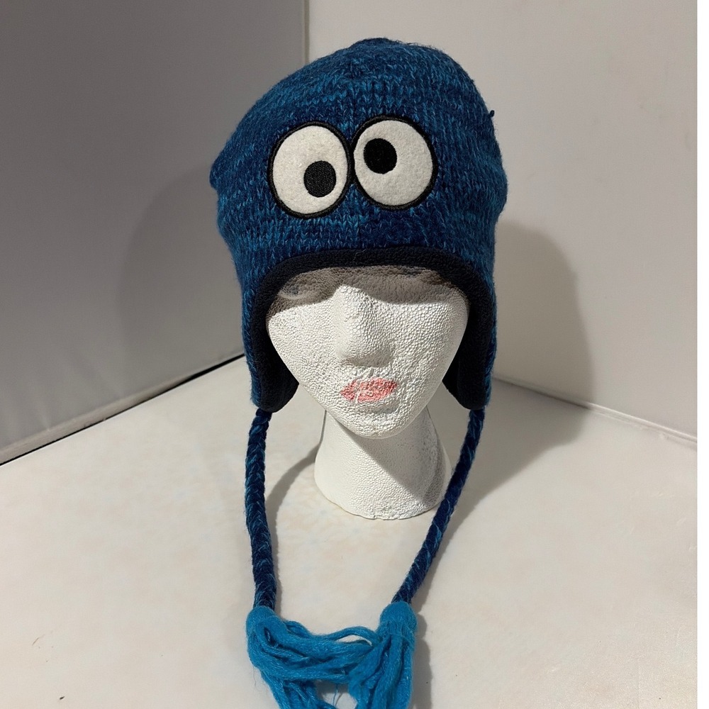 Sesame Street Cookie Monster Knit Trapper Hat Blue Fleece Lined Beanie OSFM 2012